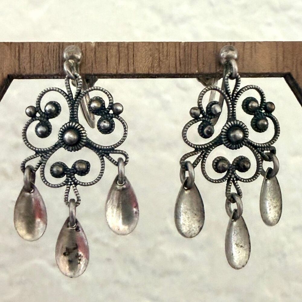 Vintage Norwegian 830 Silver Filigree Dangle Earrings Screw Back Antique